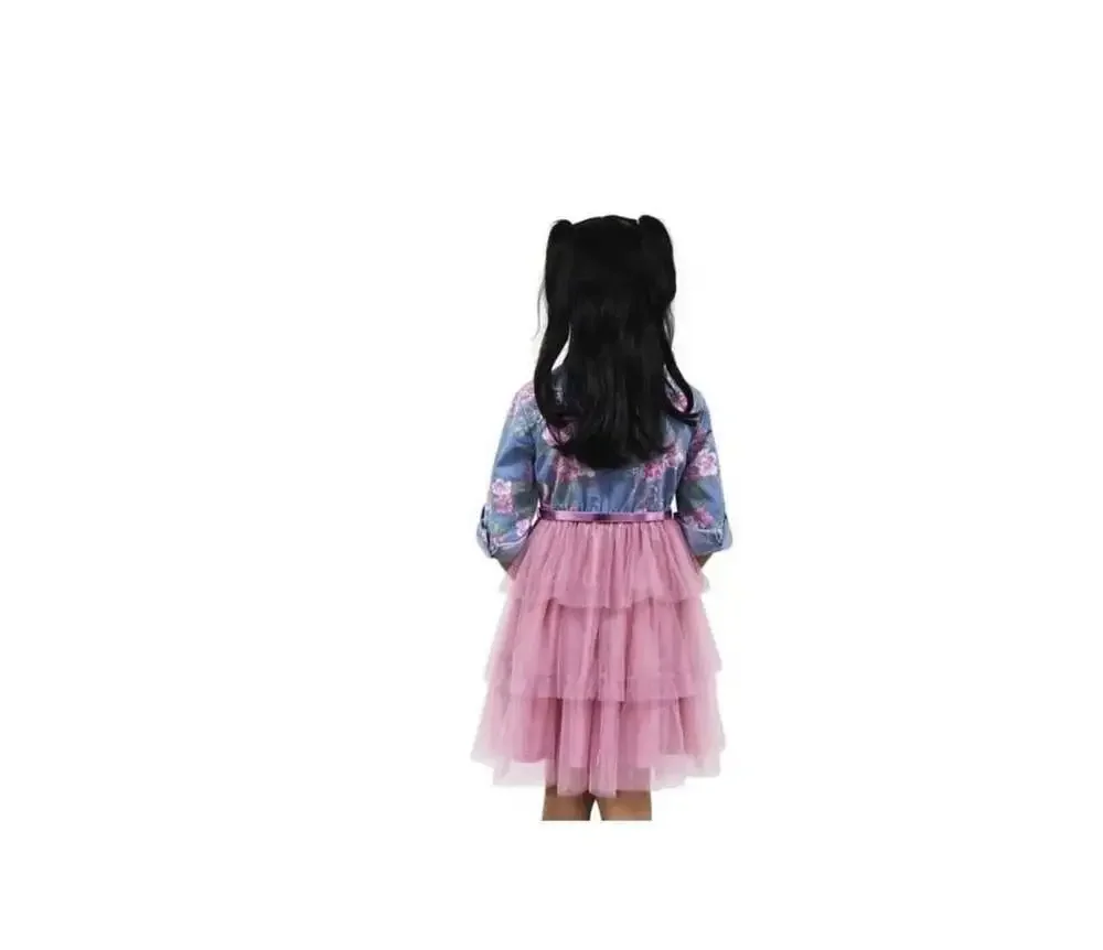 Pink & Violet Girls Floral Print Denim Bodice Tulle Tutu Dress w/ Metallic Belt